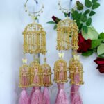 Butterfly cage design micro gold plated bridal kaleera with pink and mint tassels