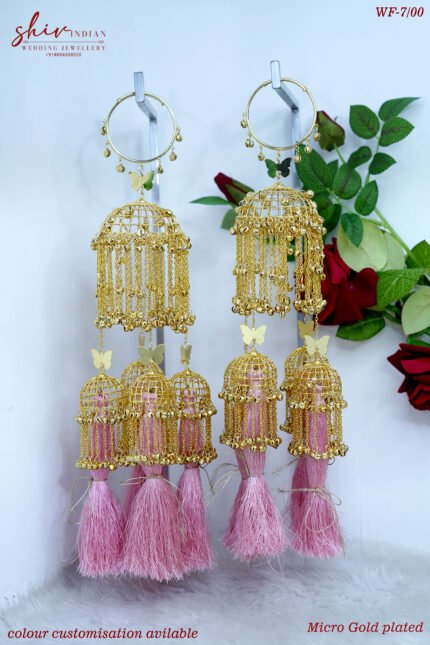 Butterfly cage design micro gold plated bridal kaleera with pink and mint tassels