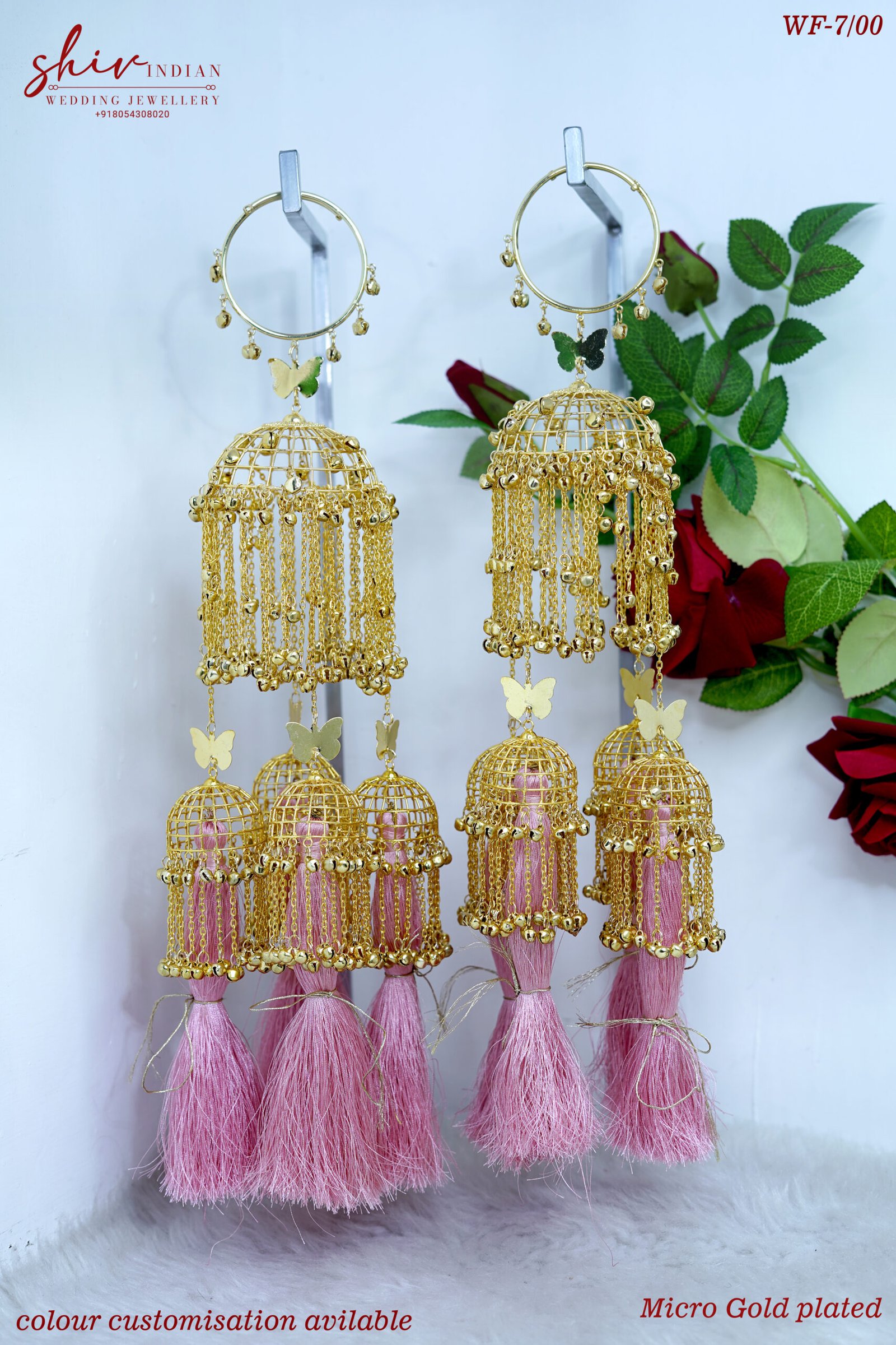 06 Butterfly cage design micro gold plated bridal kaleera with pink and mint tassels